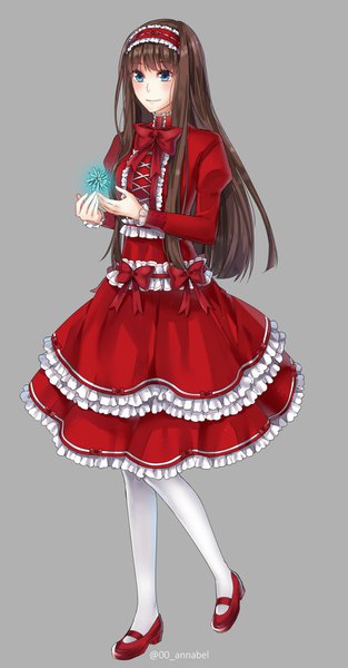 Anime picture 816x1564 with original annabel-m single long hair tall image blush fringe blue eyes simple background smile brown hair standing signed looking away full body inscription grey background puffy sleeves twitter username magic