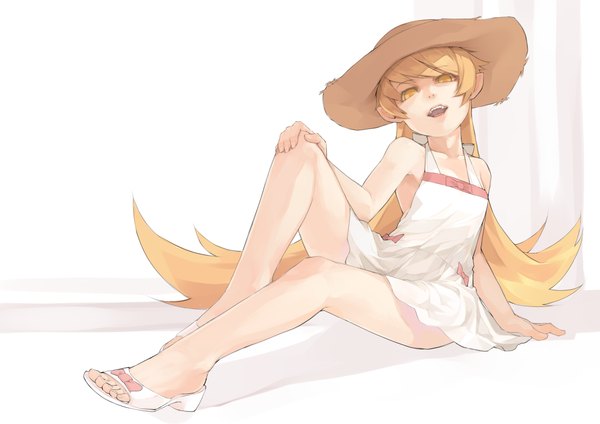 Anime picture 1157x818 with bakemonogatari shaft (studio) monogatari (series) oshino shinobu dafei single long hair looking at viewer open mouth simple background blonde hair white background bare shoulders yellow eyes teeth loli fang (fangs) girl dress bow