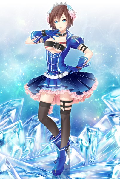 Anime picture 1158x1729 with project diva project diva f vocaloid meiko asami (undoundo) single tall image looking at viewer short hair blue eyes light erotic brown hair hand on hip blue crystal (module) girl thighhighs dress gloves black thighhighs crystal