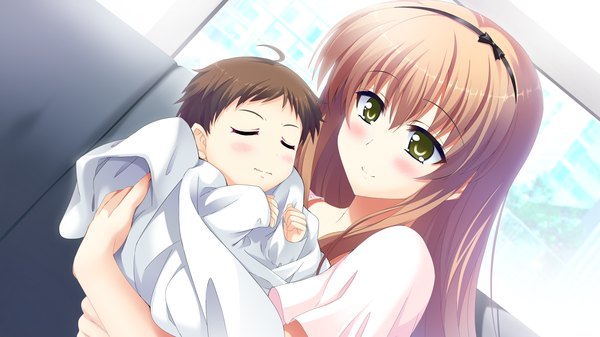 Anime picture 2560x1440 with atled everlasting song long hair blush highres brown hair wide image green eyes game cg girl hairband child (children)