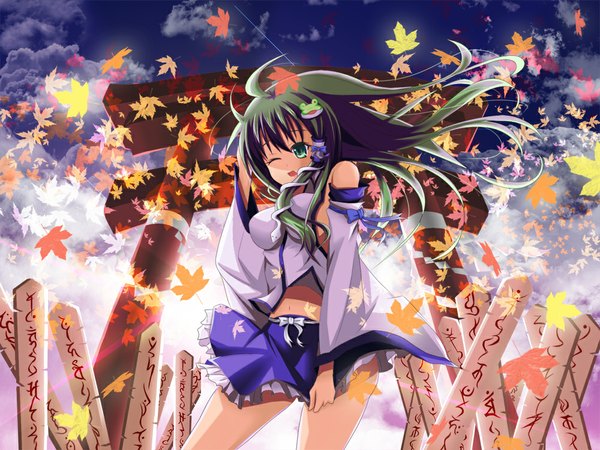 Anime picture 1000x750 with touhou kochiya sanae melopun single long hair open mouth green eyes cloud (clouds) one eye closed green hair wind wink girl dress hair ornament detached sleeves leaf (leaves) hair tubes