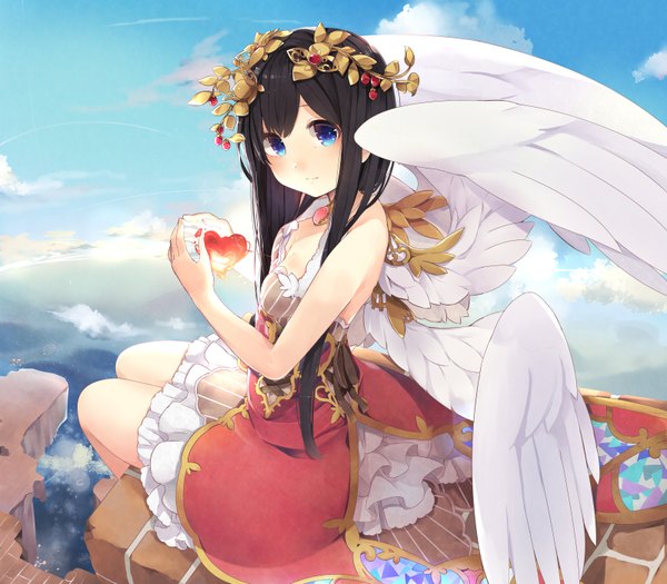 Anime picture 1600x1400 with original ao no neko single long hair looking at viewer blue eyes black hair sitting sky cloud (clouds) girl dress hair ornament wings heart