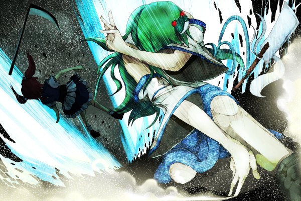 Anime picture 1200x800 with touhou kochiya sanae onozuka komachi long hair twintails bare shoulders multiple girls red hair green hair from behind kneeling short twintails battle falling aura girl hair ornament weapon 2 girls detached sleeves