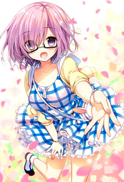 Anime picture 678x1000 with fate (series) fate/grand order mash kyrielight yadapot single tall image looking at viewer blush fringe short hair open mouth standing purple eyes pink hair bent knee (knees) nail polish hair over one eye standing on one leg happy outstretched hand