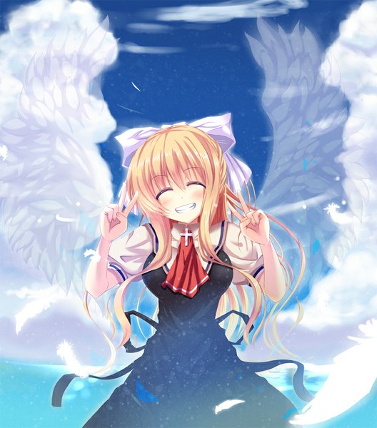 Anime picture 1000x1136 with air key (studio) kamio misuzu azican long hair tall image blush blonde hair smile eyes closed victory girl dress wings feather (feathers)