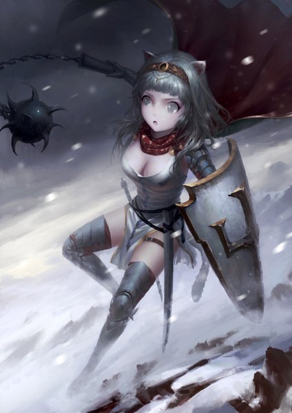 Anime picture 1132x1600 with yijian ma single tall image breasts light erotic holding animal ears cleavage tail animal tail from above wind grey hair cat ears :o cat tail grey eyes snowing winter snow