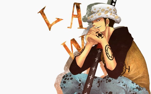 Anime picture 1920x1200 with one piece toei animation trafalgar law sss3 single looking at viewer highres short hair open mouth black hair simple background smile white background sitting shadow grey eyes tattoo wallpaper character names piercing