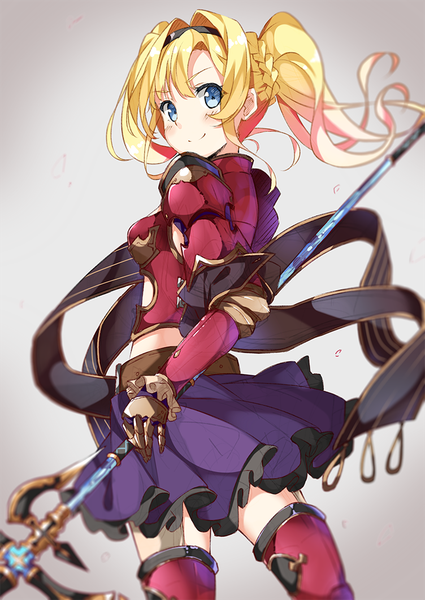 Anime picture 752x1062 with granblue fantasy zeta (granblue fantasy) taiyaki (astre) single long hair tall image looking at viewer blush fringe blue eyes blonde hair simple background smile standing holding pink hair ponytail braid (braids) looking back multicolored hair