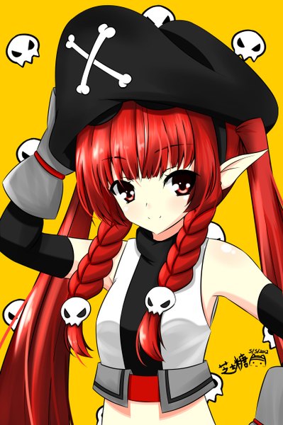 Anime picture 1736x2611 with nagi-the-cheese (ppshex) single long hair tall image blush highres simple background smile red eyes looking away red hair pointy ears yellow background girl hat