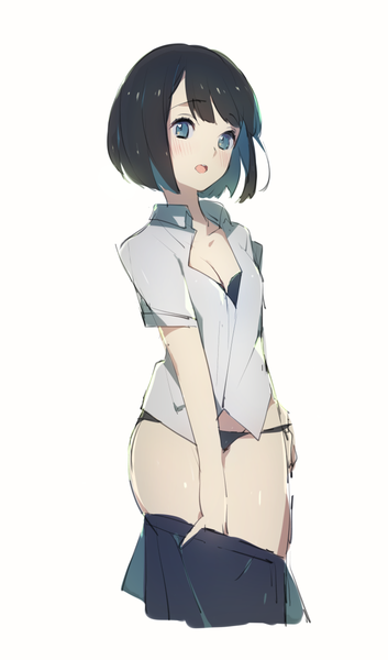 Anime picture 700x1187 with original weee (raemz) single tall image looking at viewer blush fringe short hair open mouth blue eyes light erotic black hair simple background white background hand on hip undressing girl uniform underwear panties