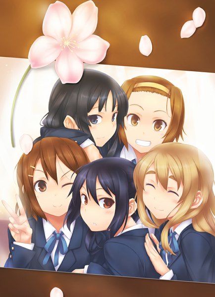 Anime picture 741x1023 with k-on! kyoto animation akiyama mio hirasawa yui nakano azusa kotobuki tsumugi tainaka ritsu nanakusa long hair tall image looking at viewer short hair black hair blonde hair smile brown hair multiple girls brown eyes eyes closed one eye closed