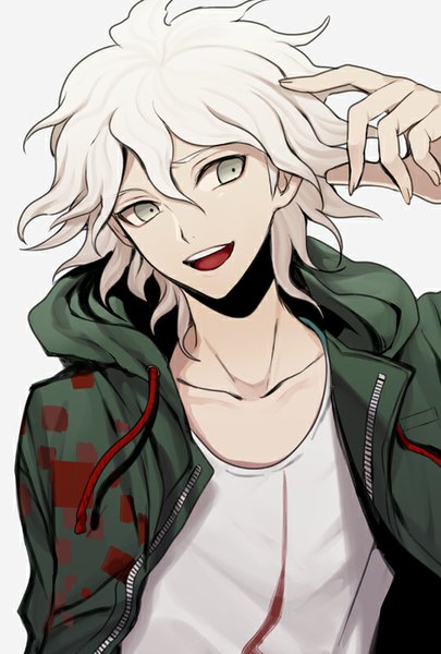 Anime picture 541x800 with dangan ronpa super dangan ronpa 2 komaeda nagito harano single tall image fringe short hair open mouth simple background looking away white hair grey background teeth grey eyes spiked hair boy hood hoodie