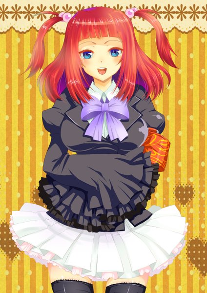 Anime picture 2047x2894 with umineko no naku koro ni ushiromiya ange hatsujiru (artist) single long hair tall image looking at viewer blush highres open mouth blue eyes red hair long sleeves two side up striped striped background girl thighhighs bow black thighhighs