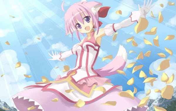 Anime picture 1500x950 with dog days millhiore f biscotti francis (ohne) single short hair open mouth purple eyes pink hair dog ears dog tail dog girl girl dress gloves petals elbow gloves
