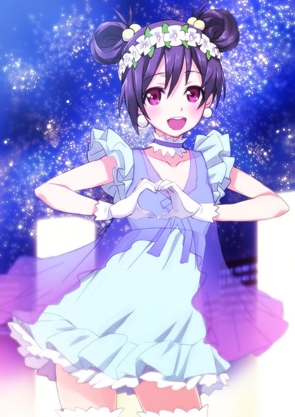 Anime picture 850x1200 with love live! school idol project sunrise (studio) love live! yazawa nico matsuryuu single tall image looking at viewer blush short hair open mouth black hair sky pink eyes night hair bun (hair buns) night sky city heart hands girl