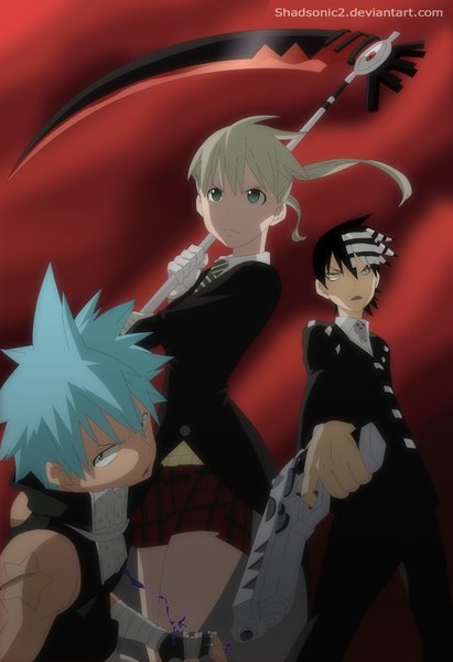 Anime picture 686x1000 with soul eater studio bones maka albarn death the kid black star shadsonic2 long hair tall image short hair open mouth black hair blonde hair green eyes yellow eyes white hair multicolored hair aqua hair two-tone hair multiple boys tattoo