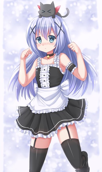 Anime picture 1200x2022 with gochuumon wa usagi desu ka? white fox kafuu chino kazenokaze single long hair tall image looking at viewer blush blue eyes blue hair maid girl thighhighs dress black thighhighs animal cat x hair ornament