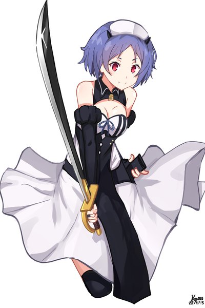 Anime picture 1000x1501 with owari no seraph wit studio chess belle kenkaizar single tall image blush short hair simple background smile red eyes white background bare shoulders signed cleavage purple hair horn (horns) fang (fangs) dated jumping