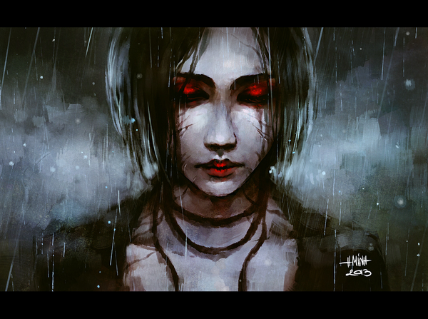 Anime picture 1300x970 with original nanfe single blush short hair black hair eyes closed realistic grey background lipstick portrait letterboxed rain pale skin red lipstick girl