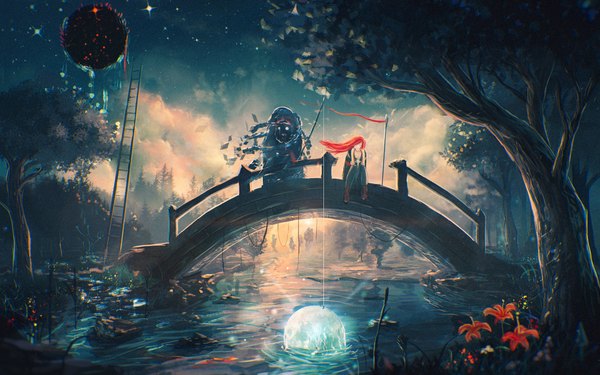 Anime picture 2000x1250 with original sylar113 long hair highres blue eyes sitting sky cloud (clouds) bent knee (knees) outdoors red hair wind light river surreal girl flower (flowers) plant (plants) tree (trees) moon
