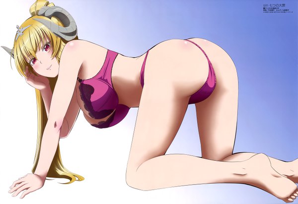 Anime picture 5933x4071 with the seven deadly sins megami magazine lucifer (the seven deadly sins) taketani teppei single long hair blush highres breasts light erotic blonde hair red eyes large breasts absurdres ass ponytail official art underwear only girl underwear
