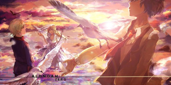 Anime picture 1888x944 with aldnoah.zero a-1 pictures slaine troyard asseylum vers allusia kaizuka inaho cuckoo long hair highres short hair open mouth blue eyes blonde hair brown hair wide image standing looking away sky cloud (clouds) long sleeves sunlight