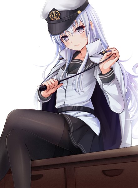 Anime picture 1000x1363 with kantai collection hibiki destroyer verniy destroyer qunqing single long hair tall image looking at viewer blush fringe smile sitting purple eyes holding purple hair bent knee (knees) head tilt pleated skirt from below crossed legs