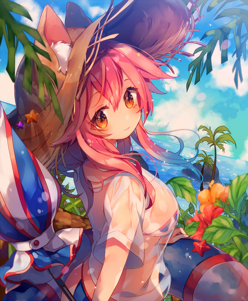 Anime picture 700x850 with fate (series) fate/grand order fate/extra tamamo (fate) (all) tamamo no mae (swimsuit lancer) (fate) ana (rznuscrf) single long hair tall image looking at viewer fringe breasts light erotic hair between eyes large breasts animal ears pink hair sky cloud (clouds) orange eyes