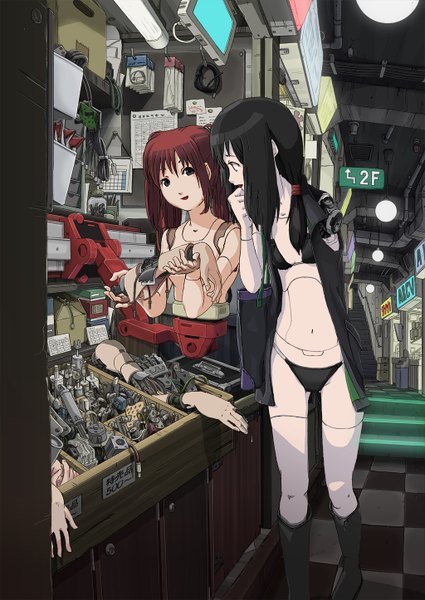 Anime picture 1024x1446 with original sukabu long hair tall image short hair open mouth black hair multiple girls red hair black eyes mechanical girl navel 2 girls boots hands android shop