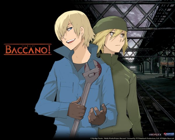 Anime picture 1280x1024 with baccano! graham spector rachel (ninja gaiden) short hair open mouth blue eyes blonde hair smile yellow eyes city gloves bandana wrench jumpsuit