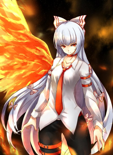 Anime picture 973x1332 with touhou fujiwara no mokou asya single long hair tall image looking at viewer red eyes white hair single wing girl bow hair bow wings necktie belt thigh strap pants fire