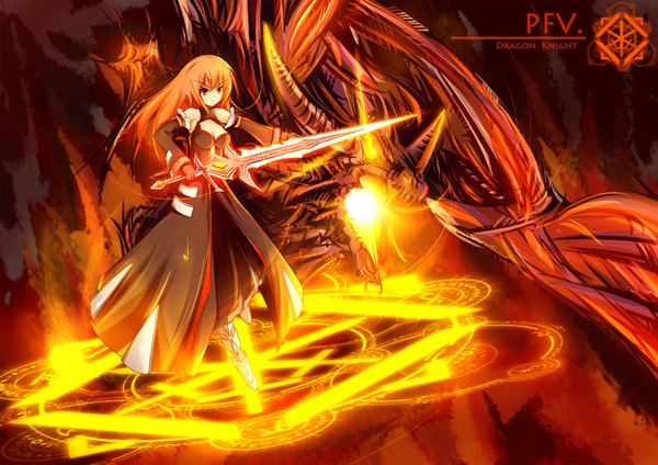 Anime picture 1683x1190 with original pixiv fantasia eva200499 single long hair orange hair magic girl dress weapon detached sleeves sword dragon magic circle