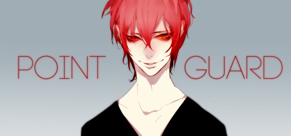 Anime picture 1500x704 with kuroko no basket production i.g akashi seijuurou xianrou men single looking at viewer short hair simple background smile red eyes wide image red hair inscription grey background text english boy