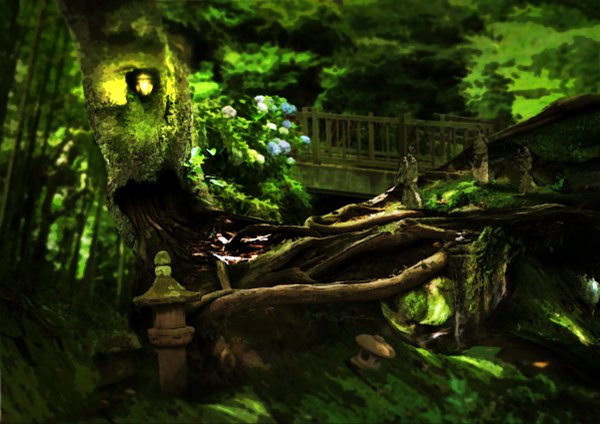 Anime picture 1200x849 with y-k no people landscape flower (flowers) plant (plants) tree (trees) forest bridge