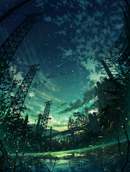 Anime picture 877x1159 with original cola (pixiv) tall image sky cloud (clouds) evening no people scenic lake sunrise meteor rain plant (plants) tree (trees) water insect building (buildings) star (stars) power lines fireflies