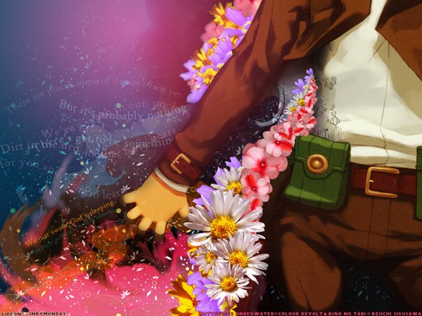 Anime picture 1600x1200 with kino no tabi kino (kino no tabi) single third-party edit head out of frame floral background girl flower (flowers) petals belt fanny pack chamomile