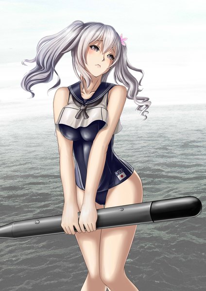 Anime picture 2893x4092 with kantai collection kashima training cruiser ro-500 submarine onsentaisa single long hair tall image looking at viewer blush fringe highres breasts open mouth light erotic hair between eyes large breasts twintails bare shoulders holding silver hair