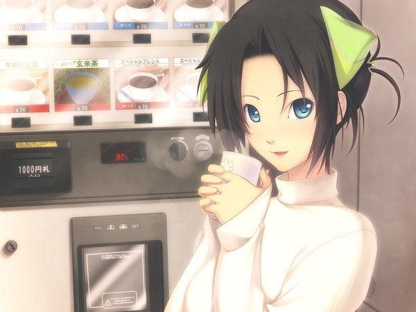 Anime picture 1600x1200 with short hair blue eyes black hair game cg girl coffee
