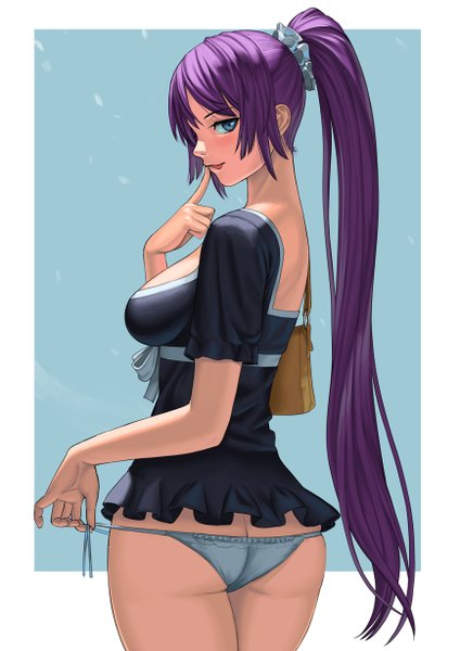 Anime picture 868x1228 with bakemonogatari shaft (studio) monogatari (series) senjougahara hitagi lasterk single long hair tall image looking at viewer breasts blue eyes light erotic purple hair ass ponytail profile finger to mouth girl dress underwear