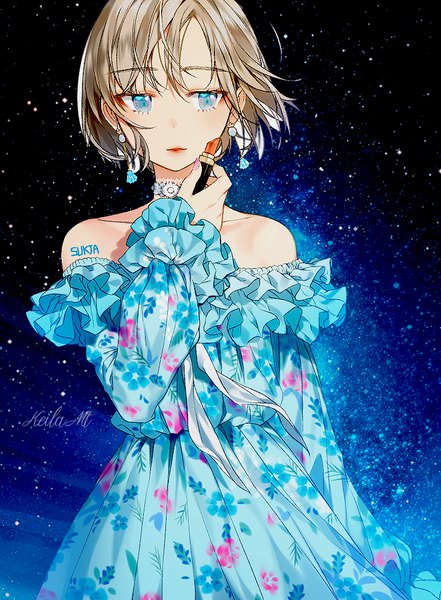 Anime picture 736x1000 with original sorolp keila50 single tall image fringe short hair blue eyes blonde hair hair between eyes bare shoulders signed looking away upper body long sleeves lips night sky lipstick floral print frilled dress