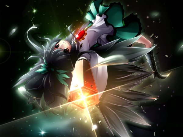 Anime picture 1200x900 with touhou reiuji utsuho mizunoto nozumi single long hair black hair smile brown eyes black wings arm cannon girl skirt bow weapon hair bow wings feather (feathers) green skirt