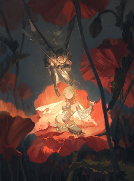 Anime picture 1000x1347 with original coralstone long hair tall image blonde hair sitting multiple girls pointy ears grey hair night grey eyes tears light fantasy minigirl fairy girl gloves flower (flowers) weapon