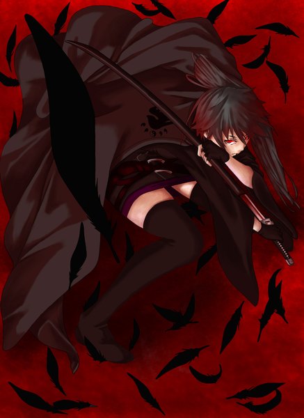 Anime picture 1500x2059 with sekirei karasuba ichiyuu single long hair tall image looking at viewer black hair red eyes ponytail red background girl thighhighs weapon black thighhighs sword fingerless gloves katana thigh boots feather (feathers)