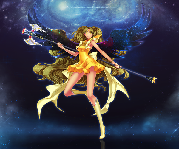 Anime picture 1400x1167 with original zenithomocha single long hair brown hair twintails bare shoulders signed yellow eyes black wings girl dress bow earrings wings choker boots bracelet star (stars) scepter