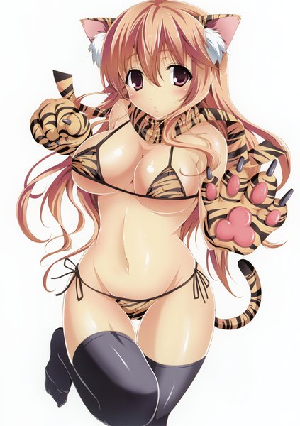 Anime picture 2165x3070 with original karory single long hair tall image looking at viewer blush fringe highres breasts light erotic large breasts white background animal ears tail animal tail pink eyes scan shiny skin sideboob