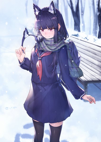 Anime picture 941x1328 with original ibuki notsu single long hair tall image looking at viewer blush fringe black hair smile red eyes standing holding animal ears outdoors blunt bangs long sleeves head tilt pleated skirt cat ears