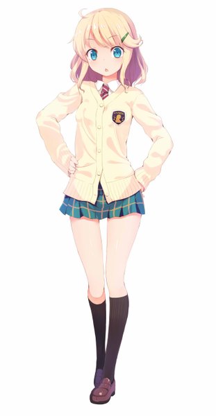 Anime picture 700x1350 with kanban musume esia mariveninne komone ushio single long hair tall image looking at viewer blonde hair simple background standing white background plaid skirt hands on hips girl skirt uniform hair ornament school uniform miniskirt shirt