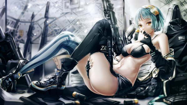 Anime picture 2560x1440 with girls frontline zas m21 (girls frontline) vvy single looking at viewer fringe highres short hair breasts light erotic wide image holding brown eyes cleavage bent knee (knees) ass nail polish aqua hair armpit (armpits) reclining