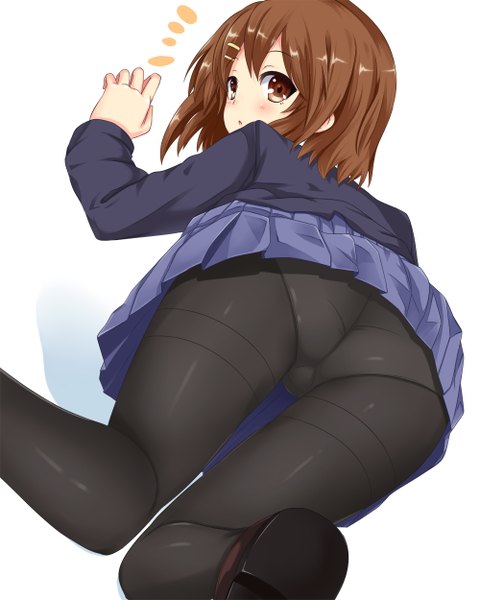 Anime picture 1000x1250 with k-on! kyoto animation hirasawa yui hinata sora tall image blush short hair light erotic brown hair brown eyes ass looking back from behind pantyshot girl skirt uniform school uniform miniskirt pantyhose