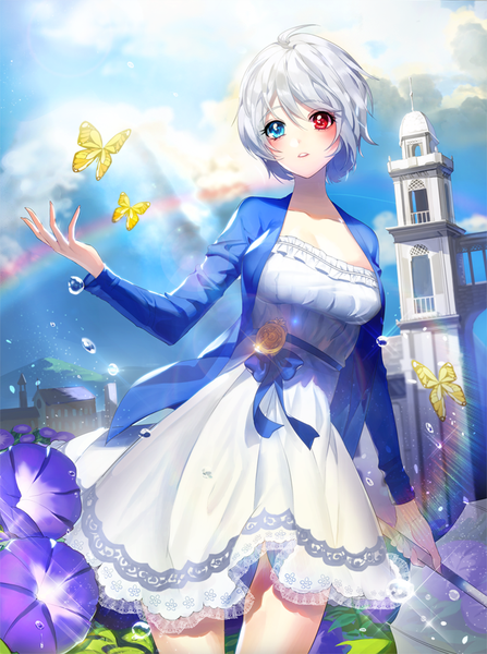 Anime picture 700x940 with sword girls ice machine single tall image blush fringe short hair blue eyes hair between eyes red eyes standing holding looking away sky silver hair cloud (clouds) ahoge upper body outdoors parted lips